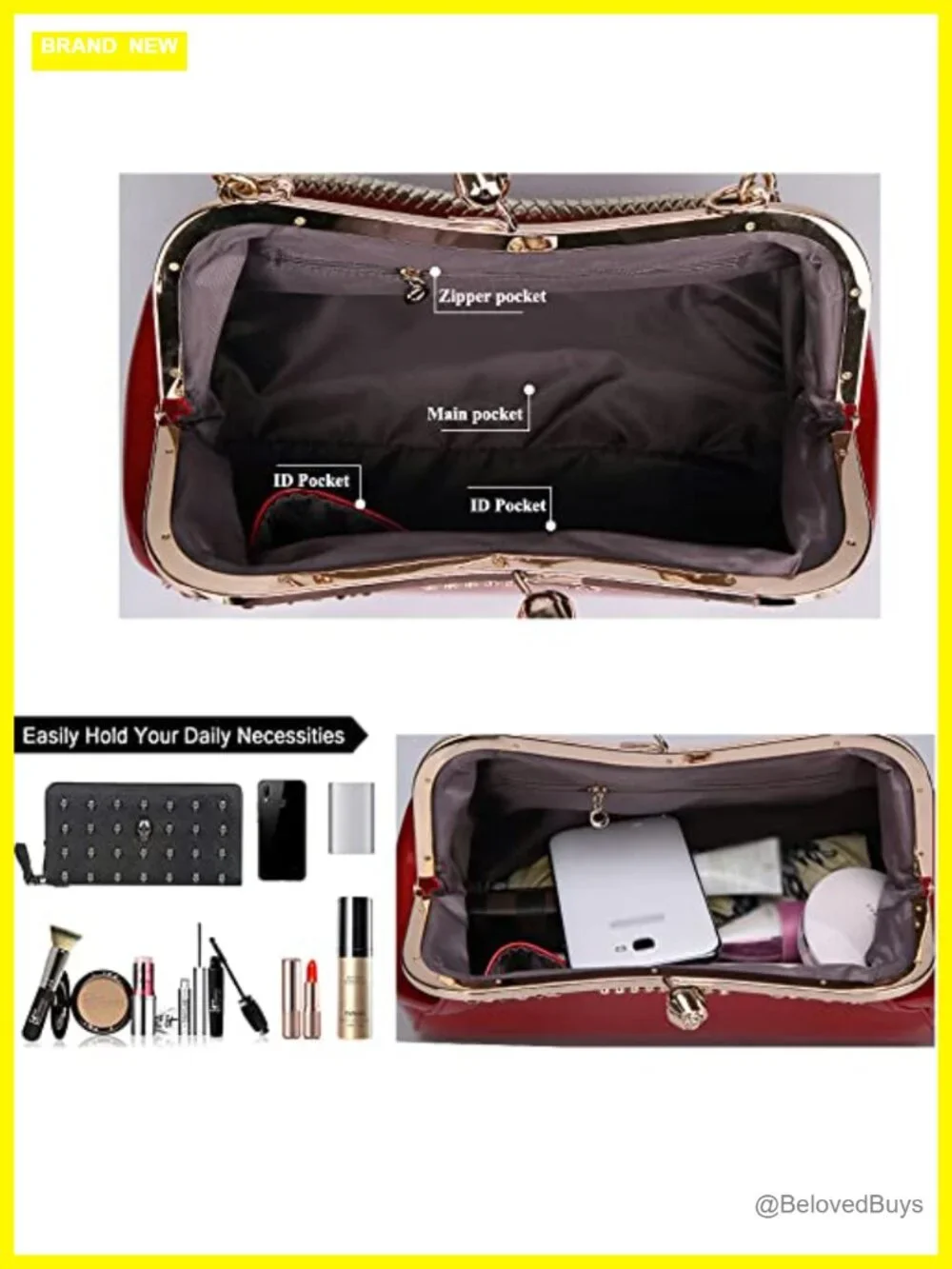 Glossy Faux Patent Leather Kiss Lock Top Handle Satchel Crossbody Bag
